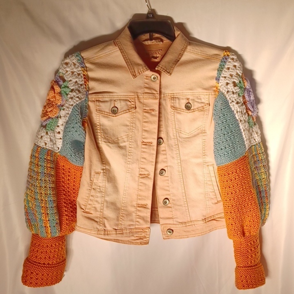 Upcycled Peach Granny Square Crochet Sleeve Denim Jacket, Sz S, 19" PTP, 20"L